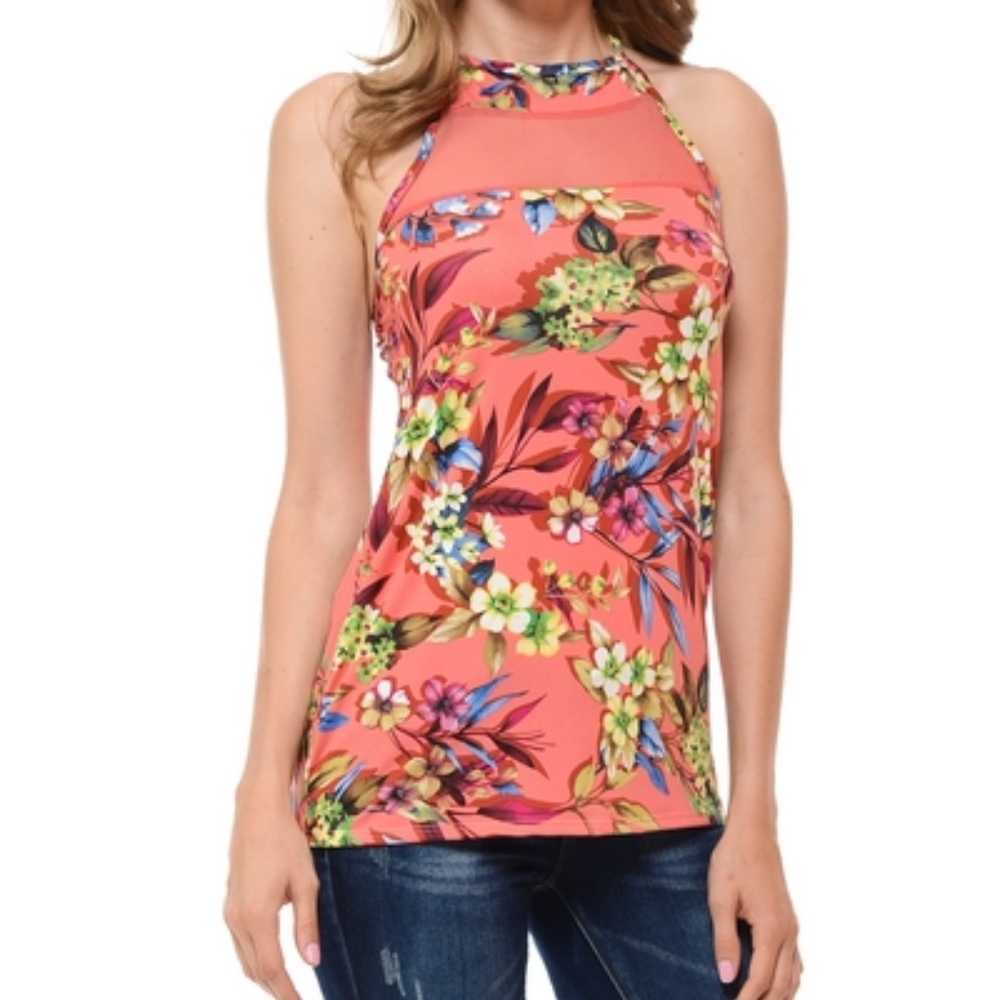 Floral Mesh-Accent Halter Top